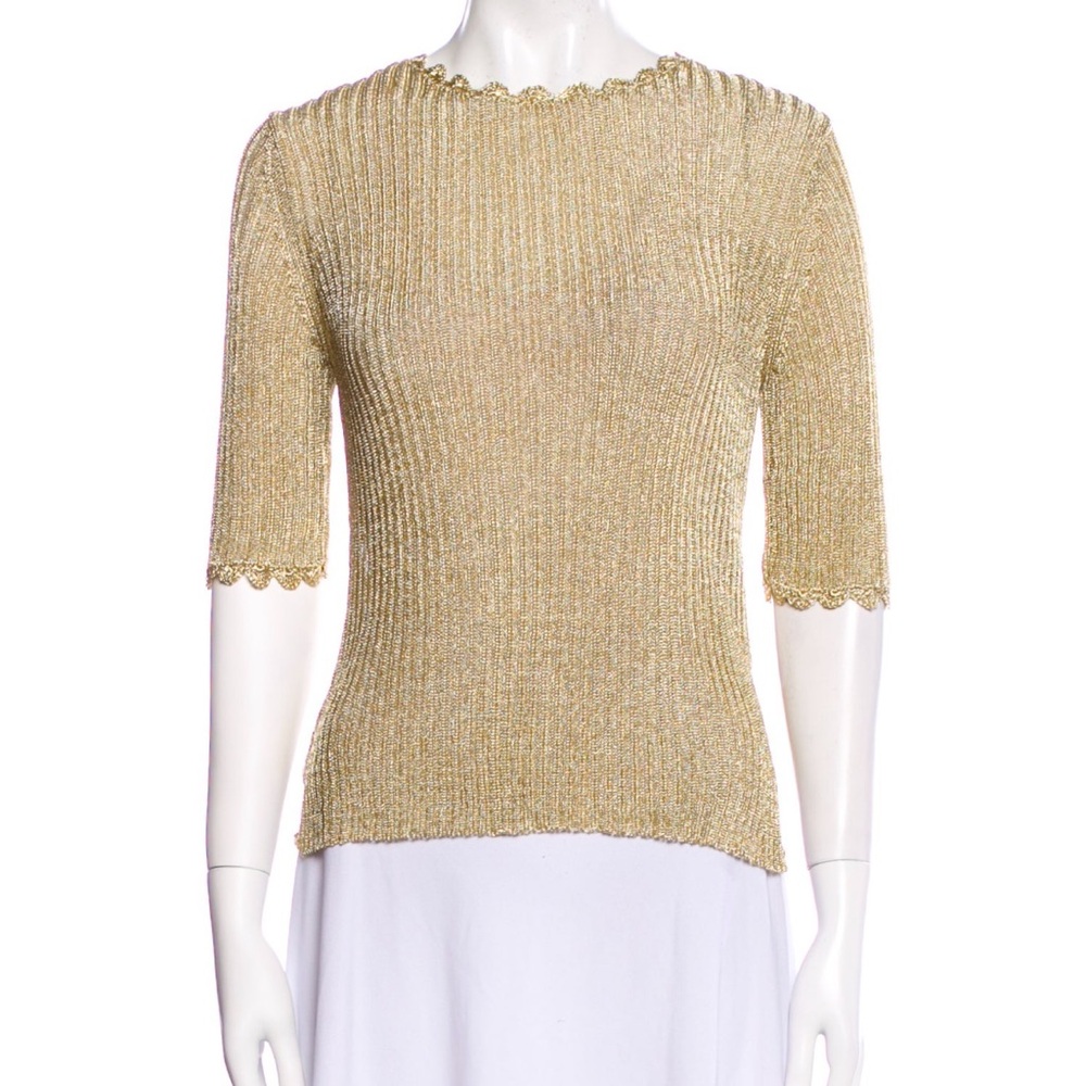GANNI Gold Metallic Scalloped Rib Knit Top